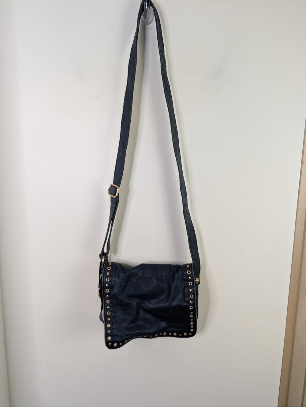 Rough Roses Navy Blue Leather Purse Crossbody Bag Gold Studs Studded 8x9.5"